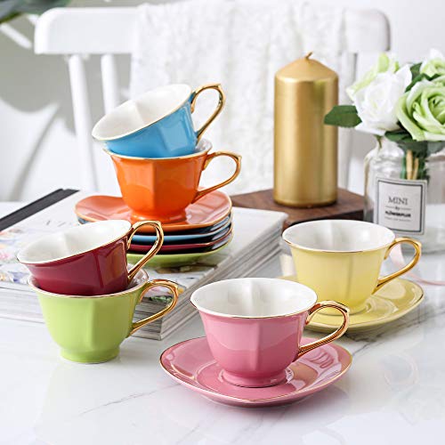 Artvigor 6 Juegos de Tazas de Café/Té de Porcelana Tazas de Cerámica, 150 ml, Juegos de Vajillas de Agua/Leche para Hogar, Oficina, Cafetería, Regalo para Cumpleaños, Festival - Forma de Corazón