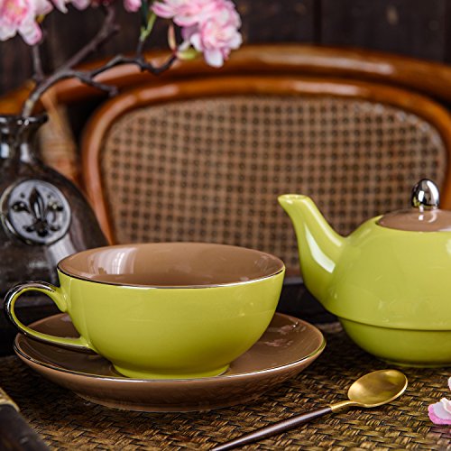 Artvigor Juego de Teteras de Té de Porcelana Juego de Tetera de Cerámica con Tapa 400 ml, Taza 250 ml y Platillo para Café, Té, Tea for One para Cocina, Cafetería, Oficina, Restaurante - Amarillo