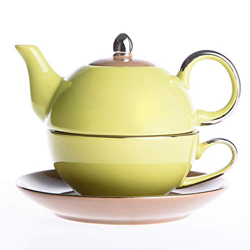 Artvigor Juego de Teteras de Té de Porcelana Juego de Tetera de Cerámica con Tapa 400 ml, Taza 250 ml y Platillo para Café, Té, Tea for One para Cocina, Cafetería, Oficina, Restaurante - Amarillo