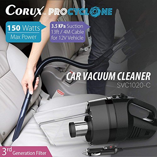 Aspiradora de Mano, CORUX 150W Aspiradora de Coche, 12V, 3500PA, con Filtro de Acero Inoxidable, 3 Cepillos y Bolsa de Transporte, Succión Potente