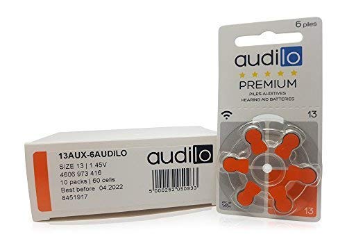 Audilo Oído Batería 13 Premio (PR48) | Pilas para Audífono [Aire de Zinc] [Sin Mercurio] [1.45V] 10 Tarjetas de 6 Batería de Audífono | Color De Naranja