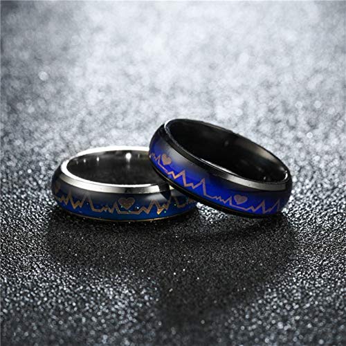 AueDsa Anillo de Compromiso para Parejas Latido del Corazón Cambio de Color Temperatura Anillo Compromiso Acero Inoxidable Plata Talla 15