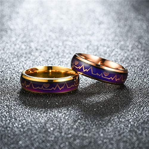 AueDsa Anillo de Compromiso para Parejas Latido del Corazón Cambio de Color Temperatura Anillo Compromiso Acero Inoxidable Plata Talla 15