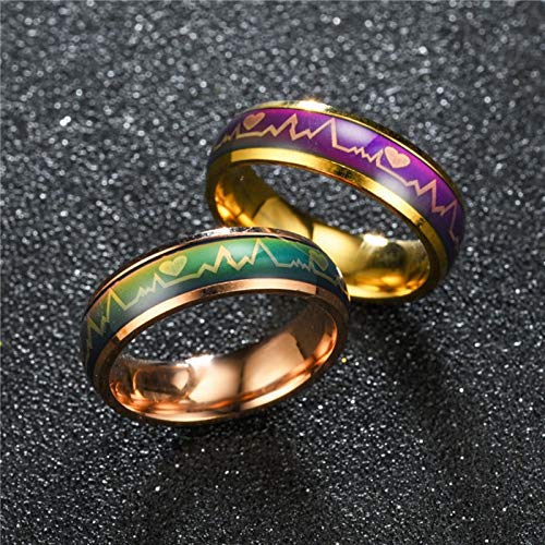 AueDsa Anillo de Compromiso para Parejas Latido del Corazón Cambio de Color Temperatura Anillo Compromiso Acero Inoxidable Plata Talla 15