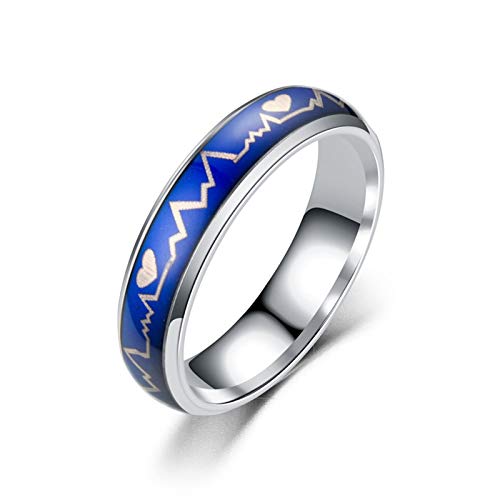AueDsa Anillo de Compromiso para Parejas Latido del Corazón Cambio de Color Temperatura Anillo Compromiso Acero Inoxidable Plata Talla 15