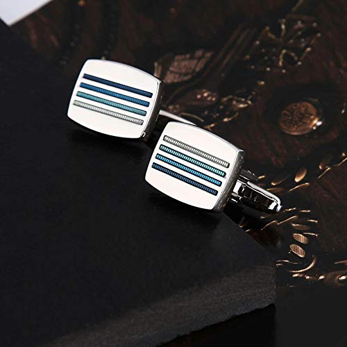 AueDsa Gemelos Acero Inoxidable Hombre Plata Azul Gemelos de Camisa Rectangular Rayas