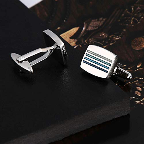 AueDsa Gemelos Acero Inoxidable Hombre Plata Azul Gemelos de Camisa Rectangular Rayas