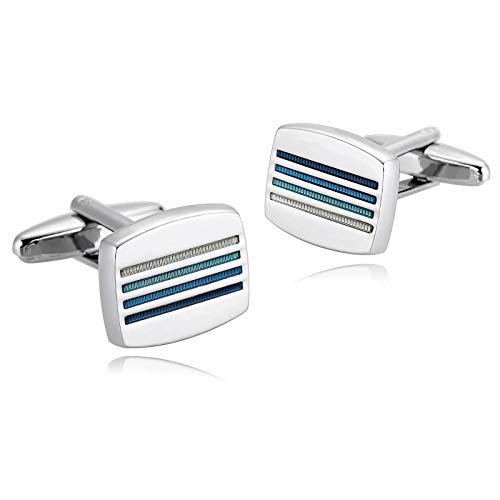 AueDsa Gemelos Acero Inoxidable Hombre Plata Azul Gemelos de Camisa Rectangular Rayas