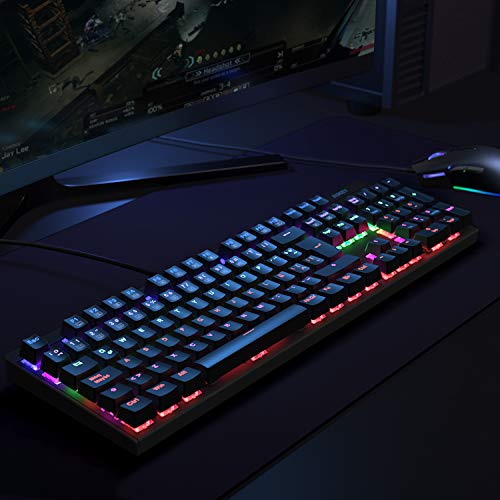 AUKEY Teclado Mecánico Retroiluminación LED con Interruptores Azul, 105 Teclas 100% Anti-ghosting, Disposicion Española Teclado Gaming con Panel de Metal e Impermiable