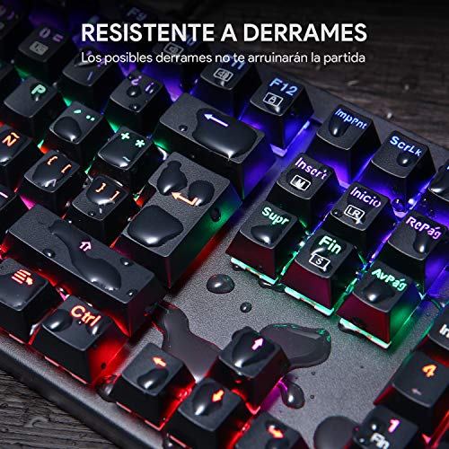 AUKEY Teclado Mecánico Retroiluminación LED con Interruptores Azul, 105 Teclas 100% Anti-ghosting, Disposicion Española Teclado Gaming con Panel de Metal e Impermiable