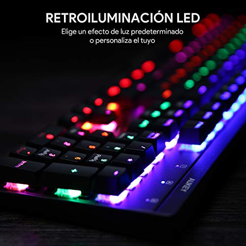 AUKEY Teclado Mecánico Retroiluminación LED con Interruptores Azul, 105 Teclas 100% Anti-ghosting, Disposicion Española Teclado Gaming con Panel de Metal e Impermiable