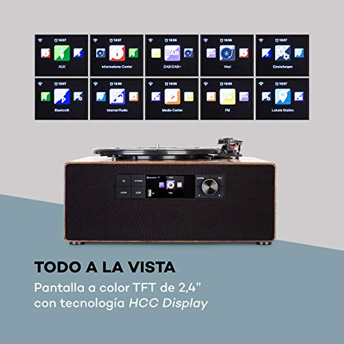 auna Connect Vinyl Cube Tocadiscos - 40 W de Potencia máxima, Altavoz Integrado, Radio Inteligente: Internet/Dab+/FM, Tocadiscos de 33/45/78 RPM, Bluetooth, Puerto USB, Control por App, marrón