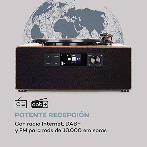 auna Connect Vinyl Cube Tocadiscos - 40 W de Potencia máxima, Altavoz Integrado, Radio Inteligente: Internet/Dab+/FM, Tocadiscos de 33/45/78 RPM, Bluetooth, Puerto USB, Control por App, marrón