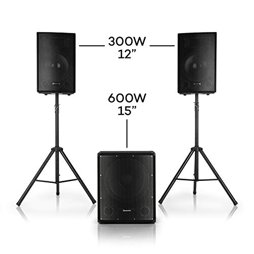 auna Cube 1512 Classic Set PA Activo - Potencia Pico 1200W, Sonido 2.1, Subwoofer, Graves y Agudos Regulables, Driver dinámico, biamplificación, Negro