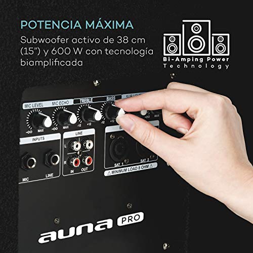 auna Cube 1512 Classic Set PA Activo - Potencia Pico 1200W, Sonido 2.1, Subwoofer, Graves y Agudos Regulables, Driver dinámico, biamplificación, Negro