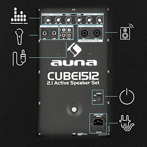 auna Cube 1512 Classic Set PA Activo - Potencia Pico 1200W, Sonido 2.1, Subwoofer, Graves y Agudos Regulables, Driver dinámico, biamplificación, Negro
