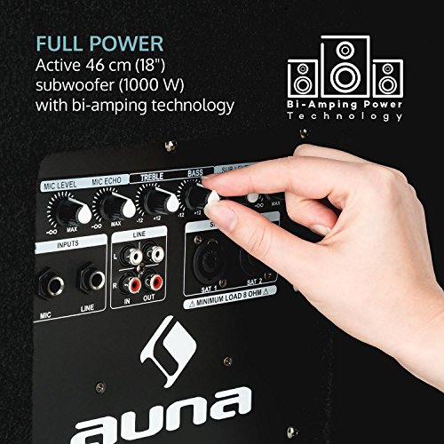 Auna Cube 1812 - Equipo de PA 2.1, 1600 W de Potencia Total, Subwoofer de 46 cm, 2 Altavoces de 30 cm, Tecnología para biamplificar, Eco, Control de Graves y Agudos, Incluye Accesorios, Negro