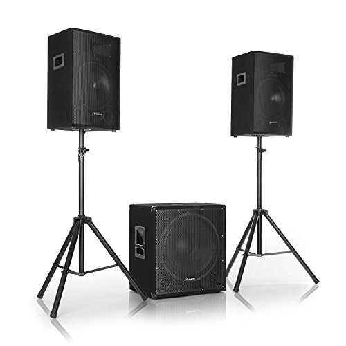 Auna Cube 1812 - Equipo de PA 2.1, 1600 W de Potencia Total, Subwoofer de 46 cm, 2 Altavoces de 30 cm, Tecnología para biamplificar, Eco, Control de Graves y Agudos, Incluye Accesorios, Negro