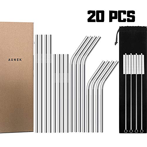 AUNEK Pajitas Reutilizables de Acero Inoxidable, Set de 16 Tubo Metal con 4 Cepillos de Limpieza y Bolsa, Pajitas para Beber Ecológicas sin Plástico para Batidos, Jugos y Bebidas Calientes, 20/30 oz