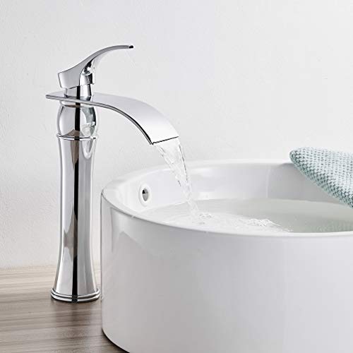 Auralum Cascada Grifo Mezclador de Baño, Función de Ahorro de Agua, Grifería Monomando Alto Cromado de Baño Lavabo Mezclador para Baño