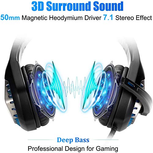 Auriculares para juegos para PS4 Xbox One PC Auriculares con micrófono Luz LED con cancelación de ruido sobre el oído Compatible con Nintendo Switch Games Laptop Mac PS3 (Negro Azul)