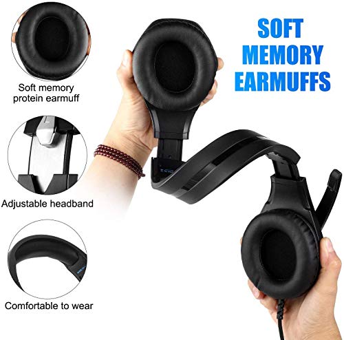 Auriculares para juegos para PS4 Xbox One PC Auriculares con micrófono Luz LED con cancelación de ruido sobre el oído Compatible con Nintendo Switch Games Laptop Mac PS3 (Negro Azul)