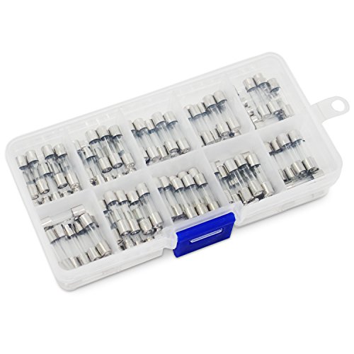 Aussel 100 piezas de M5x20MM cartucho de vidrio Fusible Fast Glow Tube Kit de surtido de fusibles 0.2A-15A