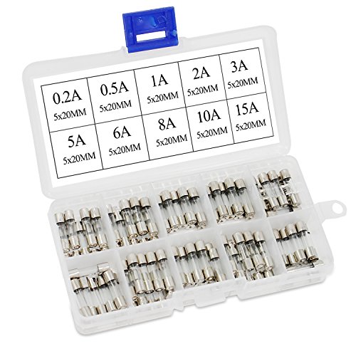 Aussel 100 piezas de M5x20MM cartucho de vidrio Fusible Fast Glow Tube Kit de surtido de fusibles 0.2A-15A