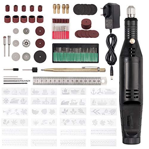 AUTOUTLET Grabador Eléctrico, 130 Kit de Micro Grabador con 30 Agujas de Pulir, 12 Armaduras, 24 Plantillas, 64 Accesorios de Pulido, Mini Bolígrafo Grabado para Joyería Diamante Madera Vidrio Metal