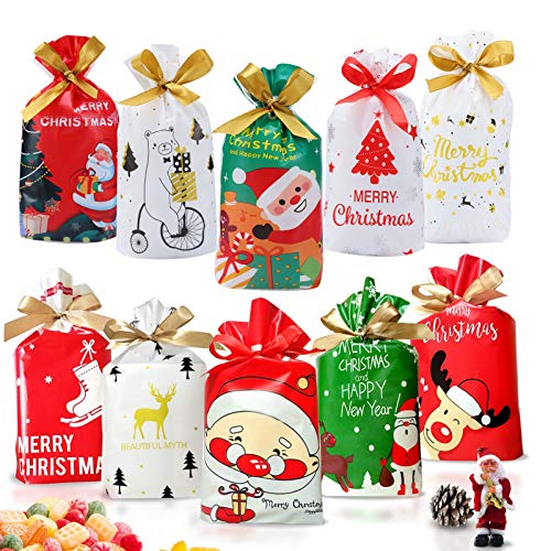 AUXSOUL 50 Piezas de Bolsa de Dulces de Navidad Bolsas de Galleta Bolsa de Regalo Navideños Bolsas de Plástica con Cordón para Caramelos Chocolate Galletas Favores de Fiesta de Navidad