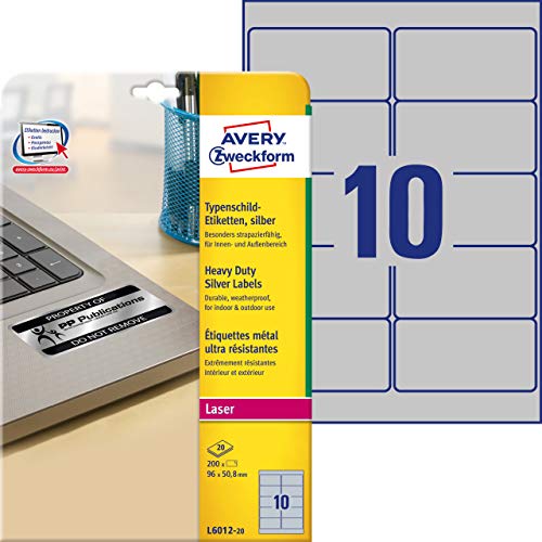 Avery L6012-20 etiqueta de impresora Plata - Etiquetas de impresora (Plata, Poliéster, Laser, 96 x 50,8 mm, 200 pieza(s), 20 hojas)
