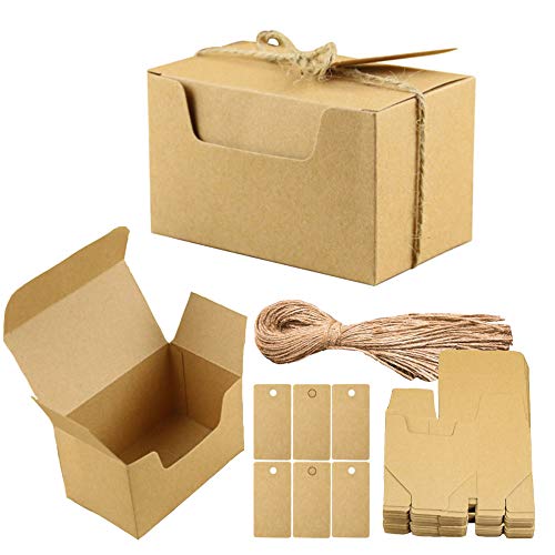 Aweisile 50 piezas Kraft Papel Cajas de Regalo Papel Kraft Cajas para Dulces Cajita de Rectángulo con etiquetas de regalo y cuerda de cáñamo para Fiestas Bodas Galletas Joyas Regalo Dulces 10x6x6cm