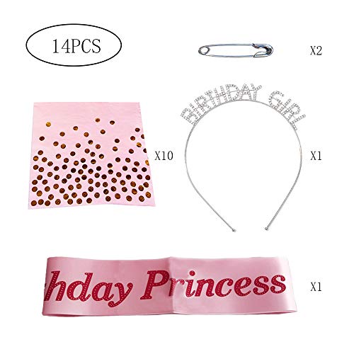 Aweisile Birthday Girl Tiara 1Pz Corona de Cumpleaños y 1 Pz Oro Rosa cumpleaños Faja con 10 Pzs Servilletas De Papel Rose Gold y 2 perno de seguridad para fiesta de Cumpleaños de Niña