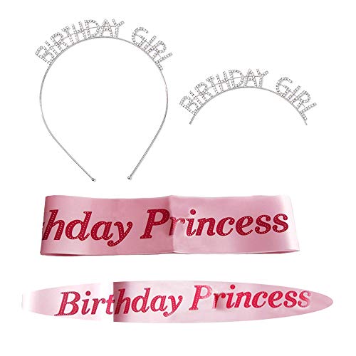 Aweisile Birthday Girl Tiara 1Pz Corona de Cumpleaños y 1 Pz Oro Rosa cumpleaños Faja con 10 Pzs Servilletas De Papel Rose Gold y 2 perno de seguridad para fiesta de Cumpleaños de Niña