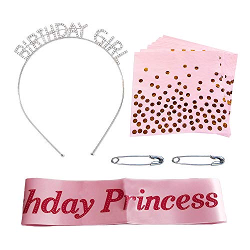 Aweisile Birthday Girl Tiara 1Pz Corona de Cumpleaños y 1 Pz Oro Rosa cumpleaños Faja con 10 Pzs Servilletas De Papel Rose Gold y 2 perno de seguridad para fiesta de Cumpleaños de Niña
