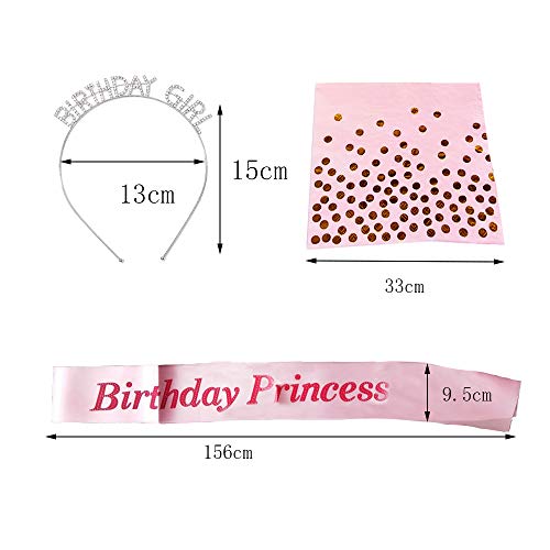 Aweisile Birthday Girl Tiara 1Pz Corona de Cumpleaños y 1 Pz Oro Rosa cumpleaños Faja con 10 Pzs Servilletas De Papel Rose Gold y 2 perno de seguridad para fiesta de Cumpleaños de Niña
