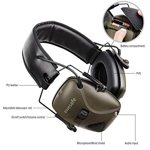 Awesafe GF01+ Casco Tiro Electronico Protectores Auditivos Especialmente Diseñados para Cazadores y Tiradores, NRR 22,Ideal para Disparar y Cazar (Camuflaje),+Funda de Almacenamiento (Verde)