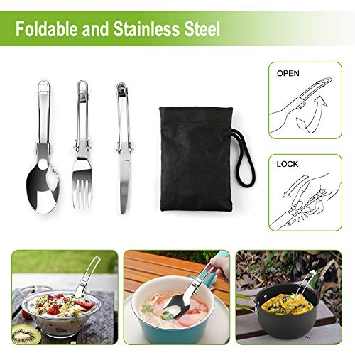 Awroutdoor Utensilios Cocina Camping Kit con Estufa Trekking, 1.2 L Ollas Camping y 0.6 L Sartén, Taza de Acero Inoxidable, Cubiertos Plegable - Cacerolas de Acampada de Camping y Viaje
