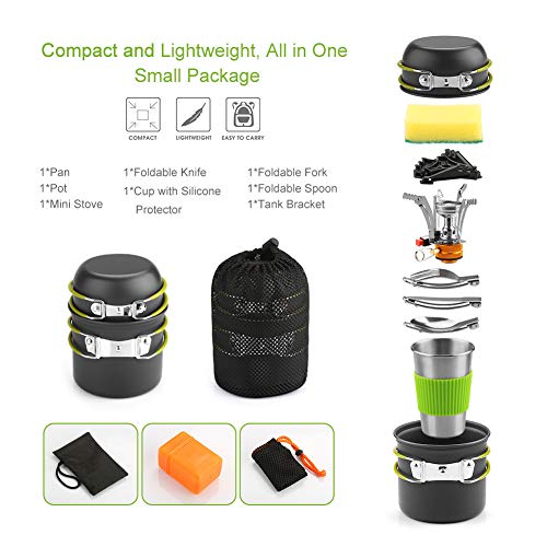 Awroutdoor Utensilios Cocina Camping Kit con Estufa Trekking, 1.2 L Ollas Camping y 0.6 L Sartén, Taza de Acero Inoxidable, Cubiertos Plegable - Cacerolas de Acampada de Camping y Viaje