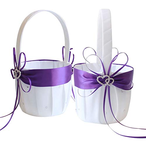 Awtlife 2 cestas de flores moradas para niña, diseño de corazón doble, elegante para bodas, ceremonias y fiestas