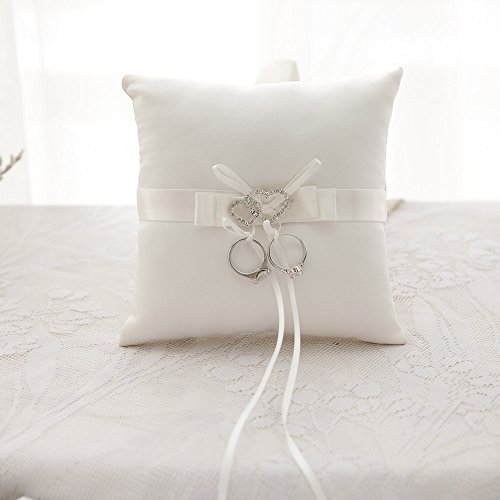 awtlife double-heart Rhinestone anillos de boda almohada Marfil cojín portador 7 Inch
