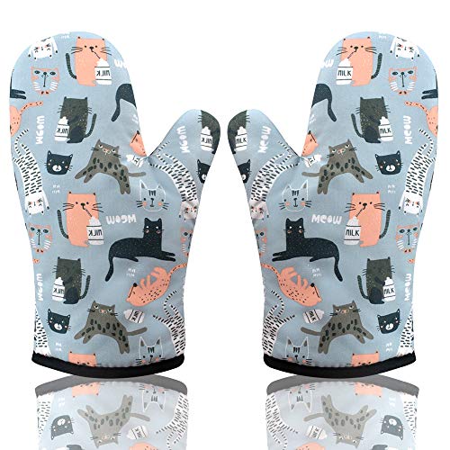 AYADA Manopla Horno para Cocina, Oven Gloves Transpirable Guantes de Cocina Guantes Horno Resistente al Calor Manopla Doble Horno para Horneando Barbacoa Microonda Cocinando Pizza Pastel 1 Par (Gato)