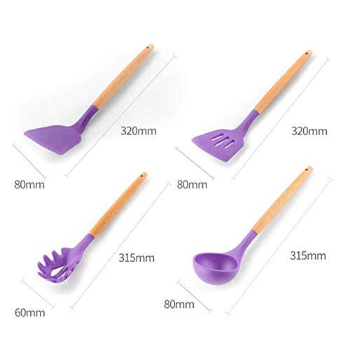 ayaowangluok 11 piezas de utensilios de cocina morados - Mango de madera de silicona antiadherente, juego de utensilios de cocina con soporte para utensilios de cocina