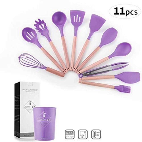 ayaowangluok 11 piezas de utensilios de cocina morados - Mango de madera de silicona antiadherente, juego de utensilios de cocina con soporte para utensilios de cocina