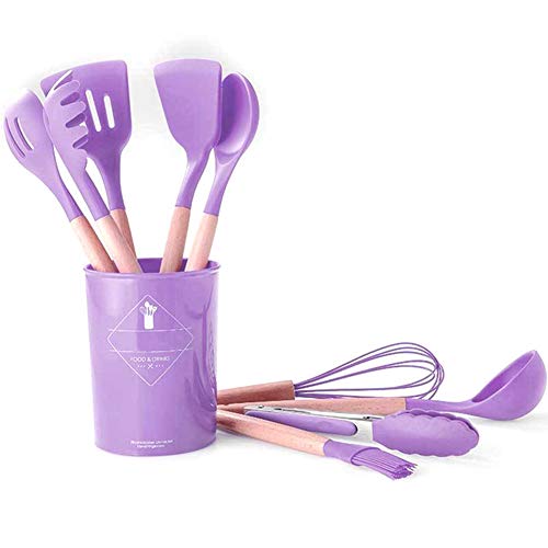 ayaowangluok 11 piezas de utensilios de cocina morados - Mango de madera de silicona antiadherente, juego de utensilios de cocina con soporte para utensilios de cocina