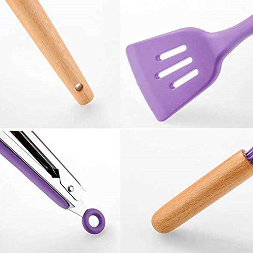 ayaowangluok 11 piezas de utensilios de cocina morados - Mango de madera de silicona antiadherente, juego de utensilios de cocina con soporte para utensilios de cocina