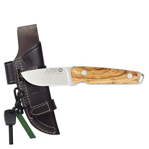 Azero y Salamandra Cuchillo 210011– Empuñadura de Madera de Olivo, Acero ACX-380 (1.4116), 8,3 cm, Incluye Funda Caza , Supervivencia y Bushcraft + Portabotellas de regalo