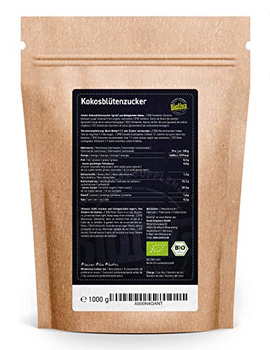 Azúcar de flor de coco orgánico 1 kg - azúcar de coco 1000 g - nota de caramelo - comercio justo - 1 a 1 como azúcar - llenado y verificado en Alemania (DE-ÖKO-005)