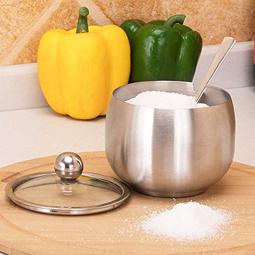 Azucarero de acero inoxidable, pequeño azucarero con tapa transparente y cuchara de azúcar para el hogar, cocina, hotel y cafeterías, 240 ml