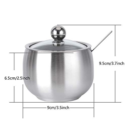 Azucarero de acero inoxidable, pequeño azucarero con tapa transparente y cuchara de azúcar para el hogar, cocina, hotel y cafeterías, 240 ml